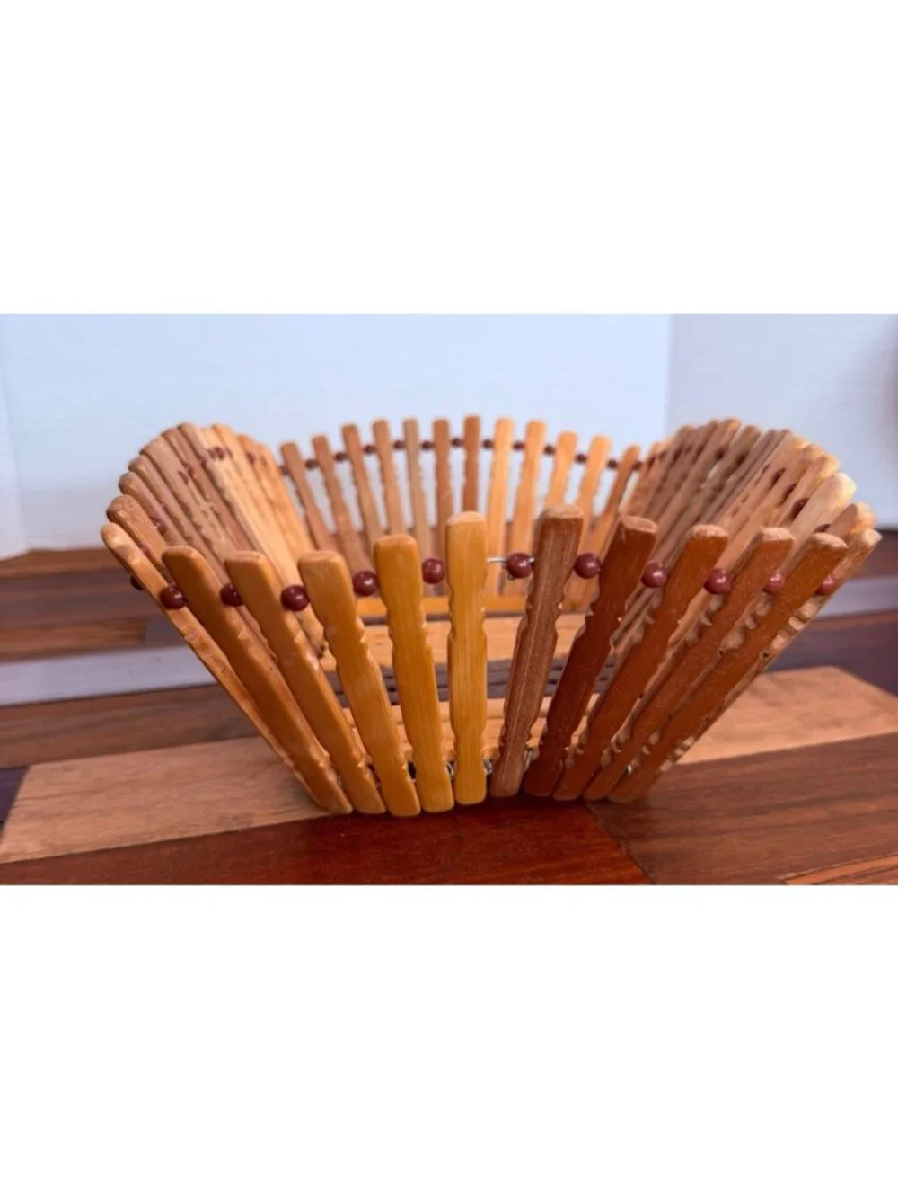 Vintage Mid-Century Modern Bamboo Wood Slat Basket – Dual-Tone Boho Fruit & Brea